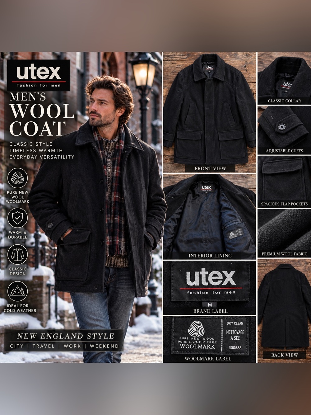 utex Men's Wool Coat Wool Coat Black Size Medium Like New